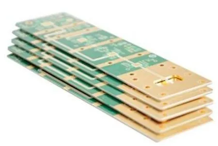 Stack of gold-finished RF power amplifier boards